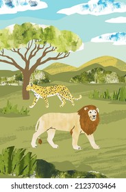  Africa. Savanna landscape with lion and leopard. African wild predators. Grunge hand draw vector Illustration with animals, mountains, grass, trees, clouds