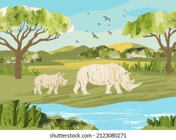 	
Africa. Savanna landscape with rhinoceroses. Reserves and national parks outdoor. Hand draw vector Illustration with animals, birds, grass, bushes and pond
