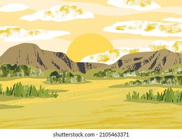 África. Paisaje de sabana con puesta de sol. Vector de dibujo a mano de naturaleza brillante Ilustración con montaña, árboles, arbustos, nubes y sol. Collage con textura acuarela