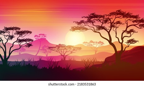 Africa savanna landscape at Sunset with colorful gradient sky