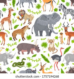 Africa savannah animals pattern. Wild tropic animals in flat style on white background. Including elephant, giraffe, zebra, snake, rhino, lion, hippo, leopard,