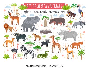 Africa savannah animals set. Wild tropic animals collection in flat style isolated on white background. Including elephant, giraffe, zebra, snake, rhino, parrot, lion, hippo, leopard, monkey, meerkat