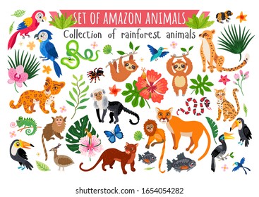 Africa savannah animals set. Wild tropic animals collection in flat style isolated on white background. Including elephant, giraffe, zebra, snake, rhino, parrot, lion, hippo, leopard, monkey, meerkat