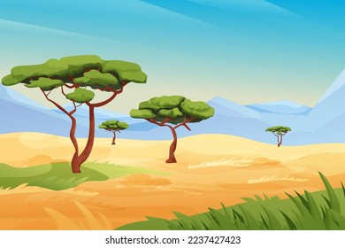 Paisaje de Africa Savannah, safari con césped, árboles, montañas, escena calurosa de verano, naturaleza salvaje al estilo de las caricaturas.