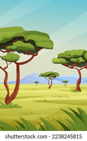 Africa Savannah landscape, safari with grass, trees, mountains, summer hot scene, wild nature in cartoon style.