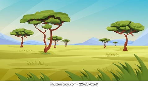 Africa Savannah landscape, safari with grass, trees, mountains, summer hot scene, wild nature in cartoon style.