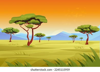 Africa Savannah landscape, safari with grass, trees, mountains, summer hot scene, wild nature in cartoon style.