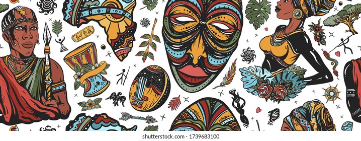 Africa seamless pattern. African woman in traditional turban, maasai warrior,  tribal mask, kalimba, map, drum. Ethnic afro girl and black tribe man. Tradition and culture background. Tattoo art 