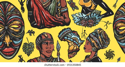 Africa Seamless Pattern. African Woman In Traditional Turban, Maasai Warrior, Tribal Mask, Map. Ethnic Afro Girl And Black Tribe Man. Tradition And Culture Background. Tattoo Art 