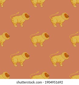 Africa seamless pattern with beige lions ornament. Kids backdrop in doodle style with pink pale background. Graphic design for wrapping paper and fabric textures. Vector Illustration.
