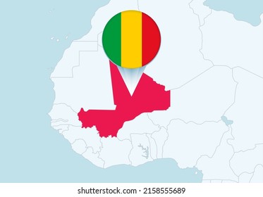 Africa with selected Mali map and Mali flag icon. Vector map and flag.