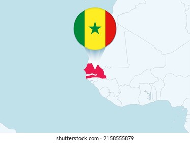 Africa with selected Senegal map and Senegal flag icon. Vector map and flag.