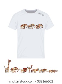 Africa, set, elephants. All three animals have different coloring. Vector design for printing on T-shirt. Elements distributed by layers. Eps10 file comfortable  for redaction.