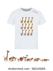 Africa, set, giraffes. All twelve animals have different coloring. Vector design for printing on T-shirt. Elements distributed by layers. Eps10 file comfortable for redaction.
