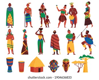 Africa set of isolated icons and human characters of black people in traditional costumes with masks vector illustration