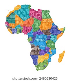 Africa shape. Continent word cloud with country division. Africa colored illustration. Country names cloud. Vector illustration.