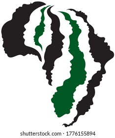 Africa shape with face head profiles in black and green – typical colours found in African identities.