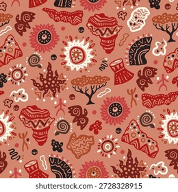 Africa shapes seamless pattern of ethnic symbols, drawings of Africans. Ethiopia. Vector illustration tribal geometric decoration background. Vector Ancient indian shapes and animal print doodles. 