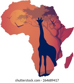 Africa silhouette with animals and plants of the continent, isolated object