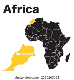 Africa single states political map.Morocco. With national borders on a white background. Continent including Madagascar and island nations. English labeling.EPS 10