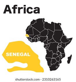 Africa single states political map.Senegal. With national borders on a white background. Continent including Madagascar and island nations. English labeling.EPS 10