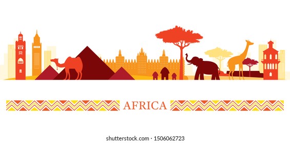 Africa Skyline Landmarks Colorful Silhouette , Famous Place and Historical Buildings, Travel and Tourist Attraction