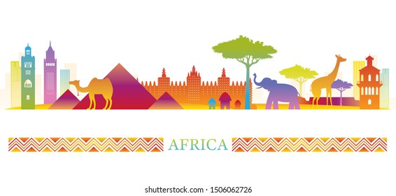 Africa Skyline Landmarks Colorful Silhouette , Famous Place and Historical Buildings, Travel and Tourist Attraction