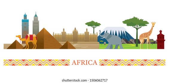 Africa Skyline Landmarks in Flat Style, Famous Place and Historical Buildings, Travel and Tourist Attraction