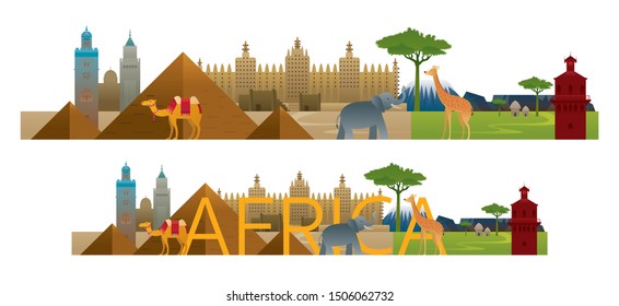 Africa Skyline Landmarks with Text or Word , Famous Place and Historical Buildings, Travel and Tourist Attraction