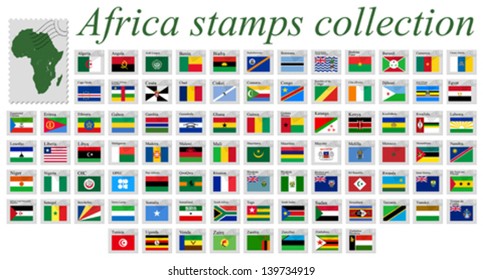 africa stamps alphabetic complete collection against white background, abstract vector art illustration