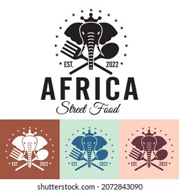 africa street food logo with elephant silhouette spoon and fork - vector illustration can be changed for other countries identical to elephants such as thailand or india