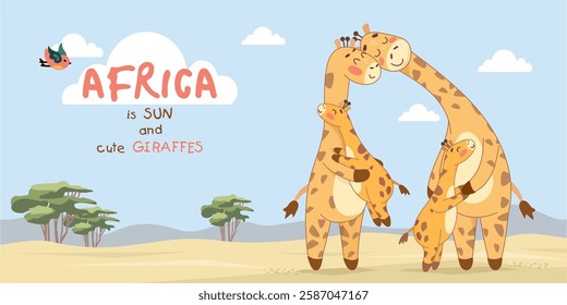 Africa is the sun and cute giraffes, giraffes in Africa, template for inscription, background for text, book cover, giraffe and baby, mother giraffe and calf, savanna, savannah of Africa, acacia tree