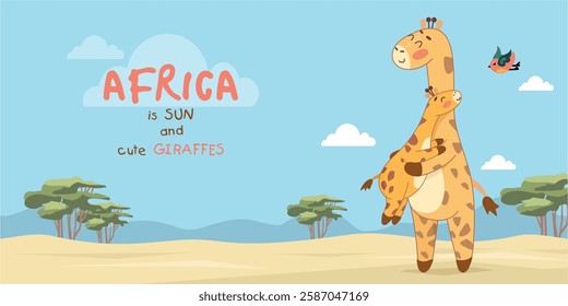 Africa is the sun and cute giraffes, giraffes in Africa, template for inscription, background for text, book cover, giraffe and baby, mother giraffe and calf, savanna, family, mother's day, child