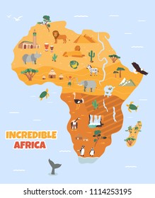 Africa. Tourist map with famous animals and landmarks. Suitable for travel blogs, books, guides, advertising, atlases.