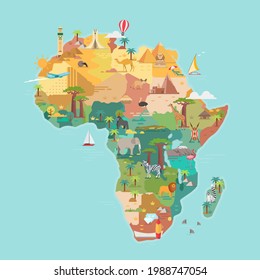 Mapa turístico africano con puntos de referencia famosos. Ilustración vectorial. 