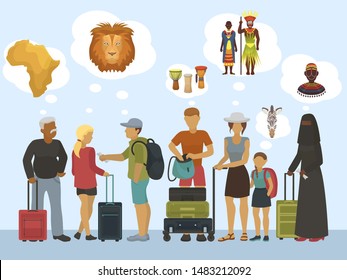 Africa tourists vector illustration. Different nation and religion travellers thinking of african continent, lions, ethnic culture and afro wild people tribes. Vacation and adventure.