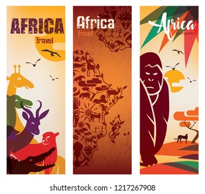 Africa travel background, decorative symbol of Africa continent with wild animals silhouettes, set of flyers template