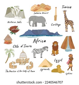 Africa travel landmark vector illustrations set.