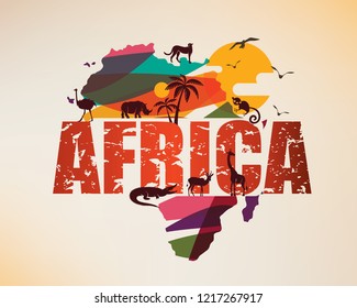 Africa travel map, decorative symbol of Africa continent with wild animals silhouettes