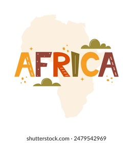 Africa travel map, decorative symbol of Africa continent with cute lettering for poster, logo, banner, cute print, children's room decor. Vector