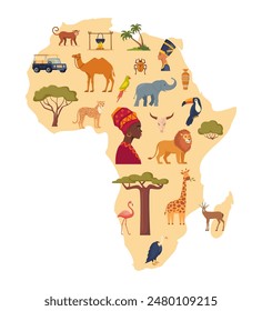 Mapa de viaje de África, símbolo decorativo del continente africano con iconos vectoriales étnicos. Mapa africano, árboles, personas, animales y aves. Vector