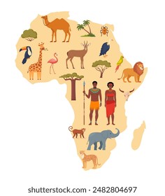Africa travel map, decorative symbol of Africa continent with ethnic vector icons. African map, trees, people, animals birds. Vector