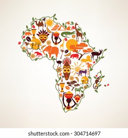 Africa travel map, decorative symbol of Africa continent with ethnic vector icons