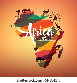 Africa travel map, decorative symbol of Africa continent with wild animals silhouettes - Shutterstock ID 644884147