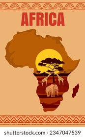 Africa travel poster map continent, animals