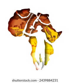 Africa travel poster with paper cut african continent. Exotic nature and animals, traveler exploring environment craft origami vector illustration