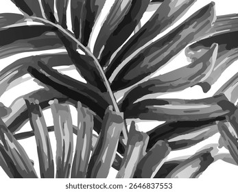 África Trópico Padrão Sem Costura. Design de textura de botânica havaiana preto e branco. Camisa de banho Fundo de flor botânica. Folhas de Aquarela de Monstera, Palm e Selva. Grande Folha Aloha Rapport.
