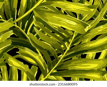 Africa Tropic Seamless Pattern. Green Black Large Leaf Aloha Rapport. Hawaiian Botany Texture Design. Watercolor Leaves of Monstera, Palm and Jungle. Swimwear  Shirt Botanical Flower Background.