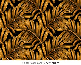 Africa Tropic Seamless Pattern. Hawaiian Botany Texture Design Swimwear Shirt Botanical Flower Background. Large Leaf Aloha Rapport. Watercolor Leaves of Monstera, Palm and Jungle. Yellow Orange Black