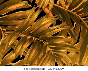 Africa Tropic Seamless Pattern. Hawaiian Botany Texture Design Watercolor Leaves of Monstera, Palm and Jungle. Yellow Orange Black Large Leaf Aloha Rapport. Swimwear Shirt Botanical Flower Background.